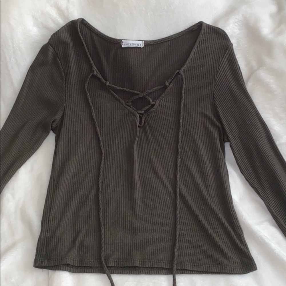 Olive Green Ribbed Lace Up Top